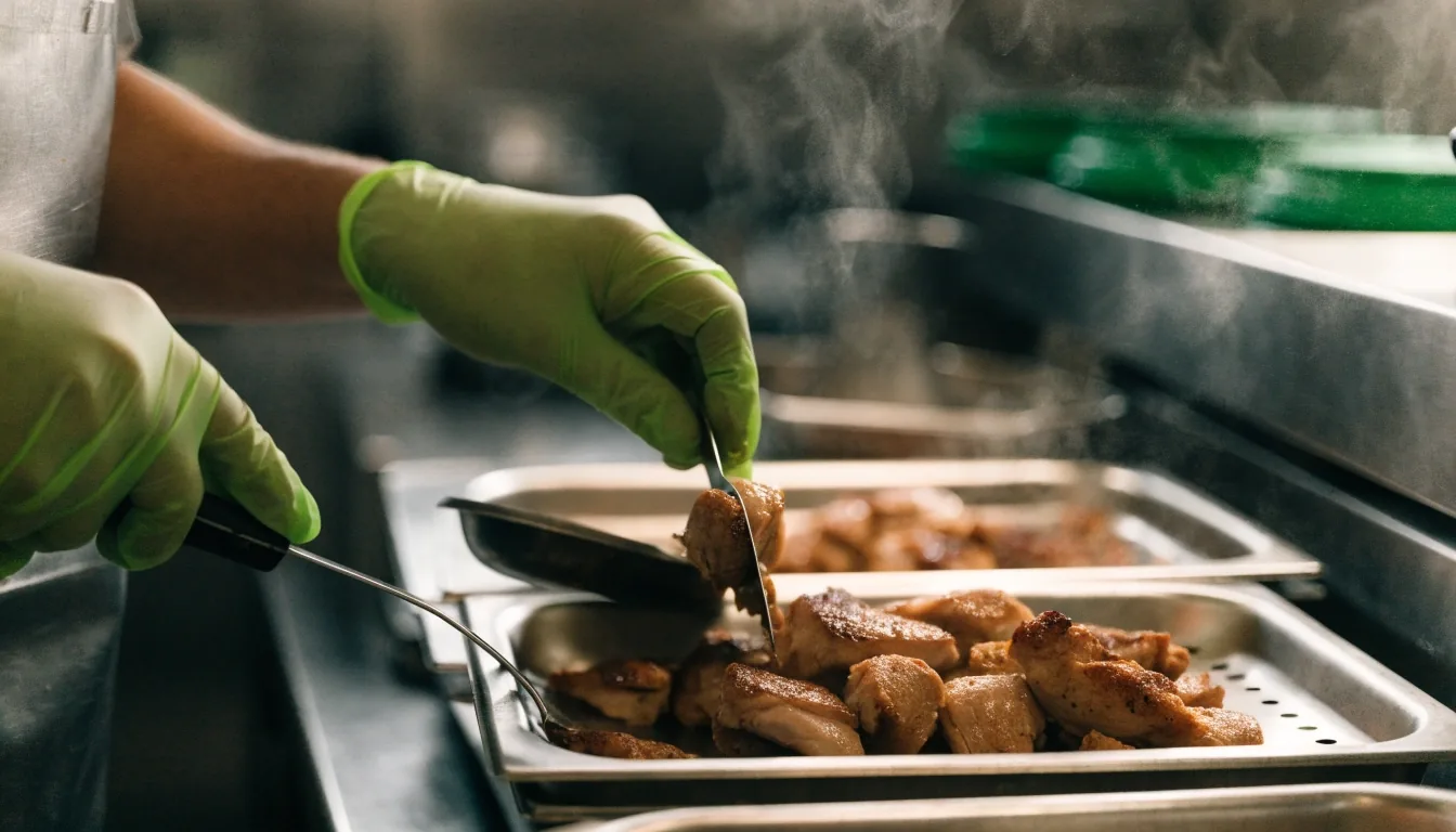 Catering trays of marinated grilled fillets being portioned for a group order