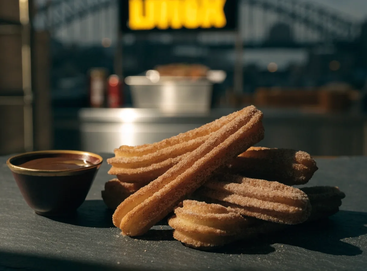 Churros dusted with sugar on dark slate