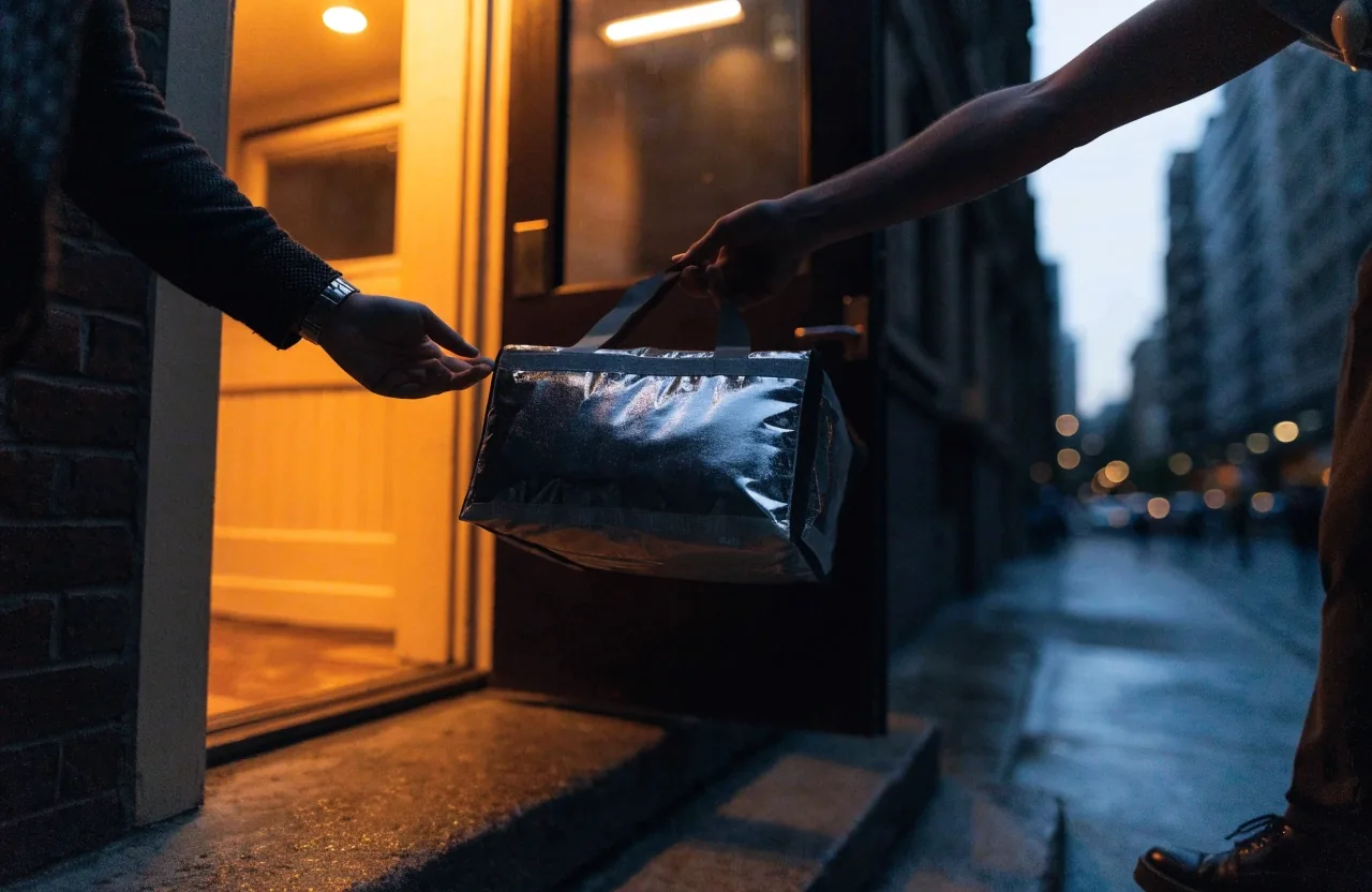 Handover of a delivery bag at a city doorway at dusk