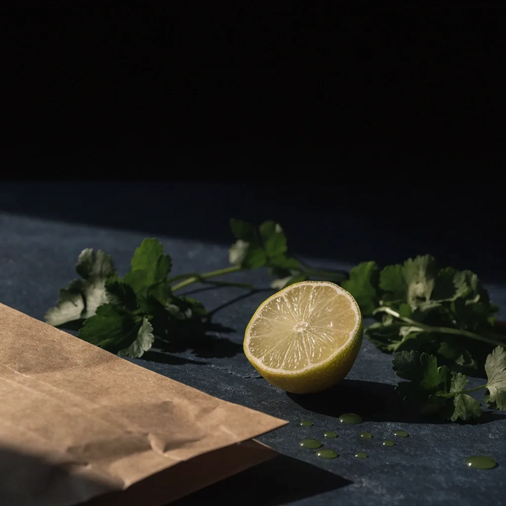 Delivery bag corner with lime and coriander on a dark table