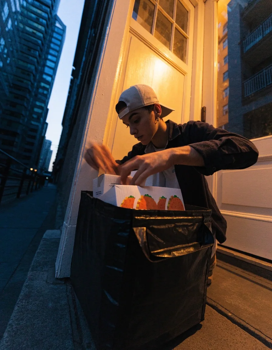 Courier hands with insulated delivery bag at a doorstep at dusk