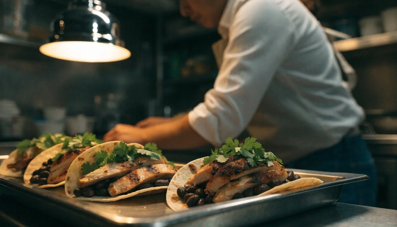 Cut burrito with grilled chicken and beans on dark slate