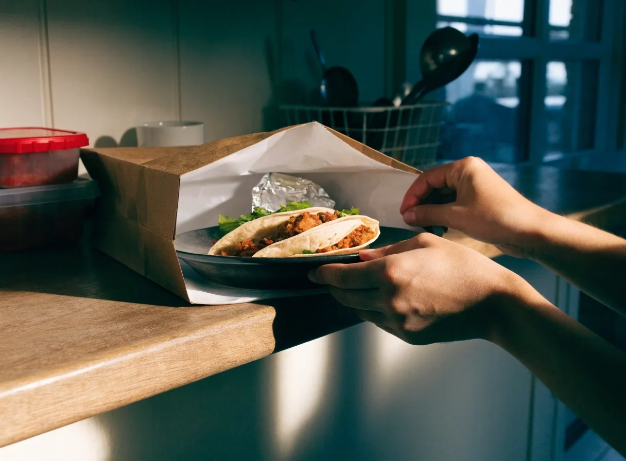 Opened delivery bag with tacos on a kitchen bench