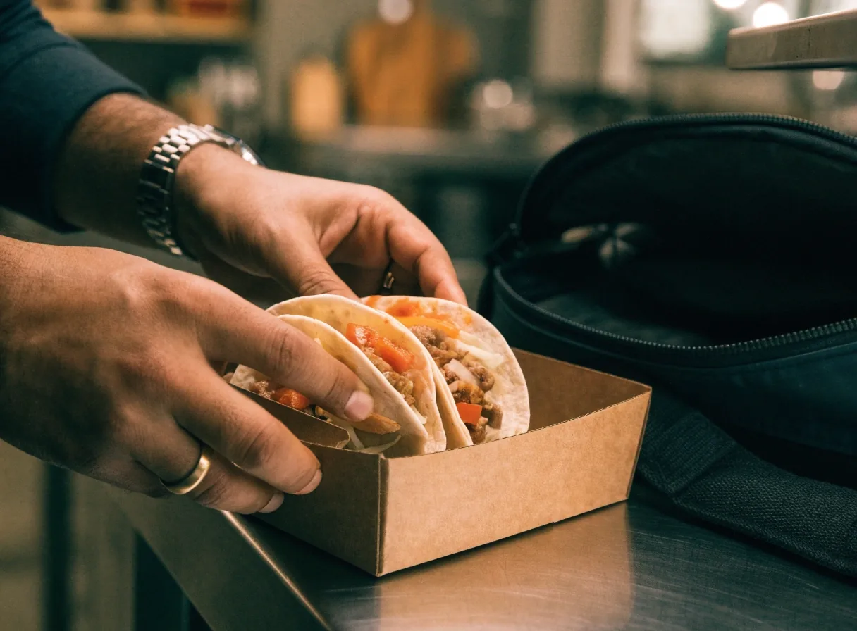 Two soft-shell tacos on dark ceramic