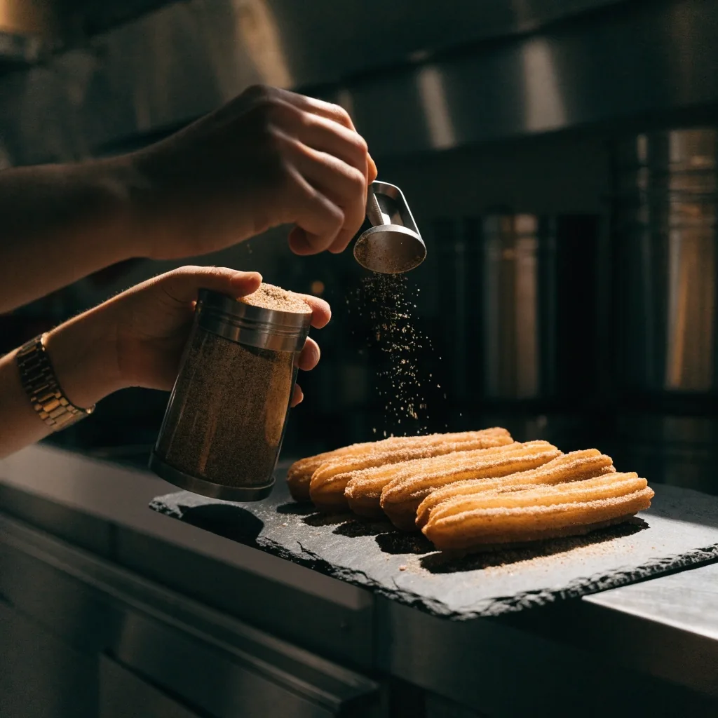 Churros on dark slate in warm low kitchen light