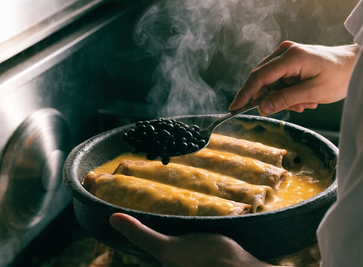 Enchiladas in dark ceramic dish