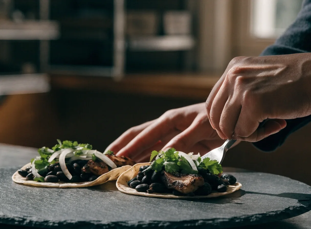 Two soft shell tacos on dark slate
