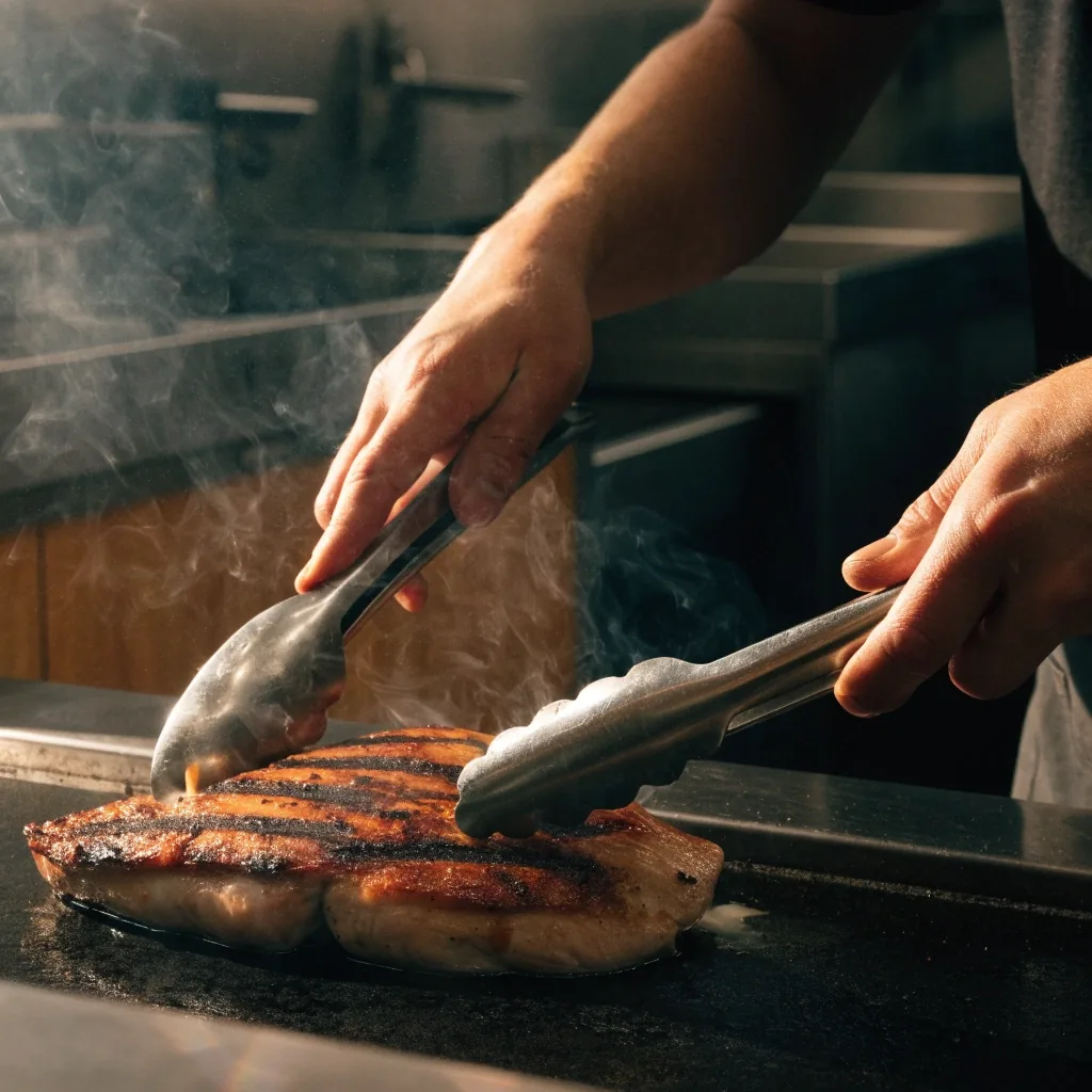 Char-grilled fillet searing on a dark grill in the GYG kitchen