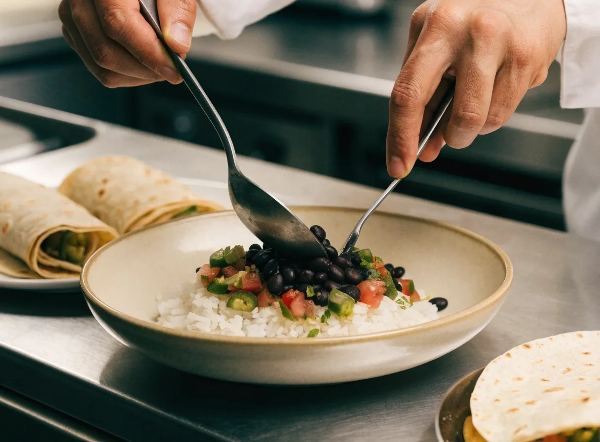Rice bowl with black beans and pico