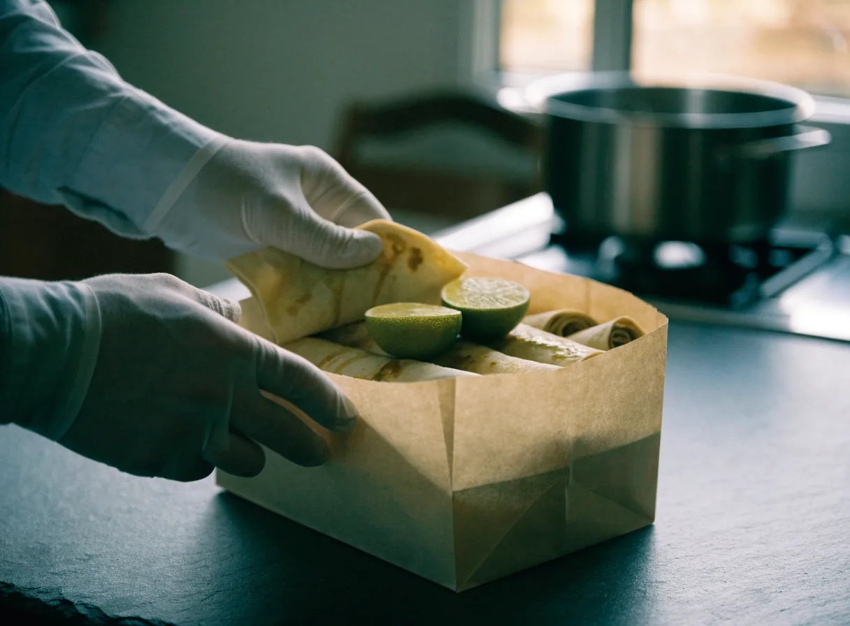 Plain paper delivery bag corner with fresh lime on dark slate
