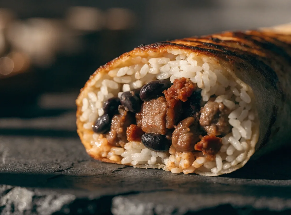 Cut burrito showing grilled filling on dark slate