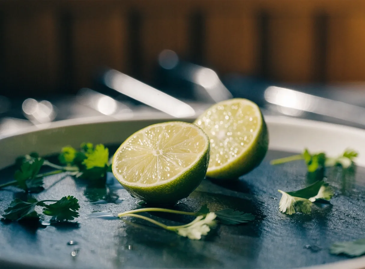 Cut lime and fresh coriander on dark slate
