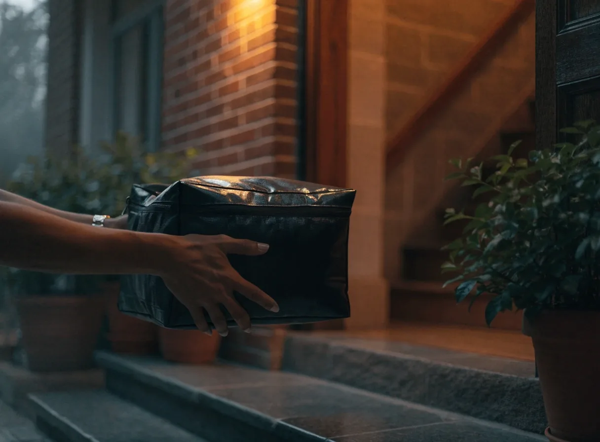 Hands with an insulated delivery bag at a doorstep at dusk