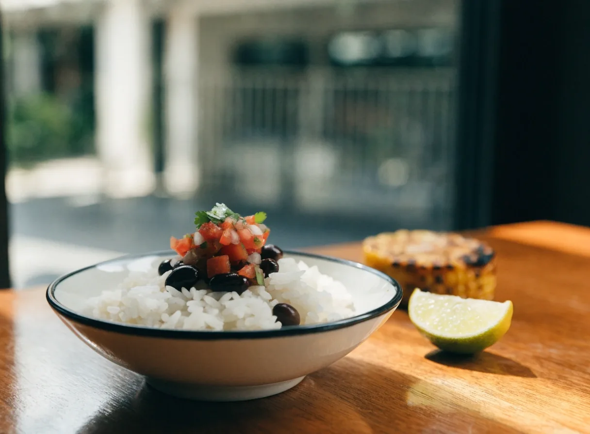Rice bowl with black beans and fresh pico