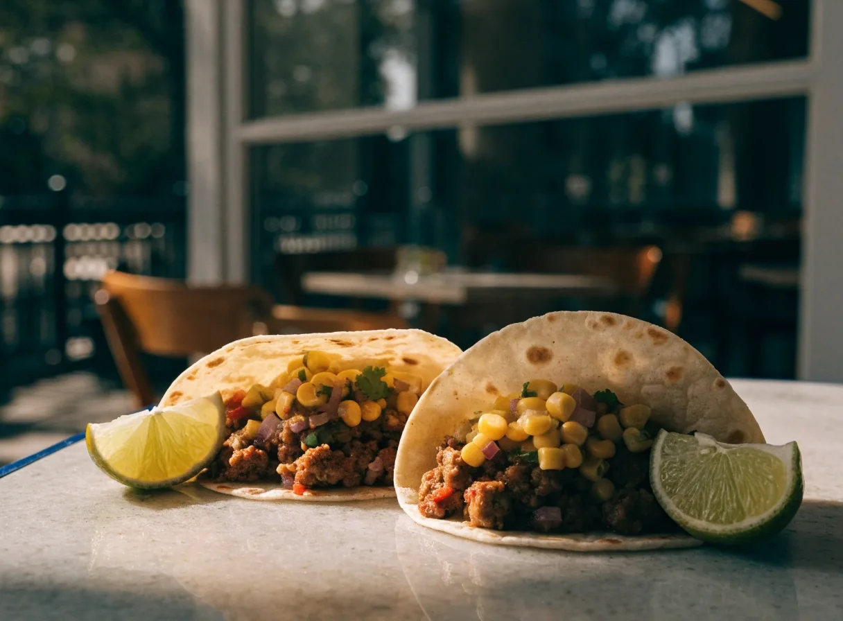 Two soft-shell tacos plated side by side
